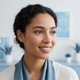 A diverse woman in her late 20s to early 30s smiling gently, with clear, healthy skin.