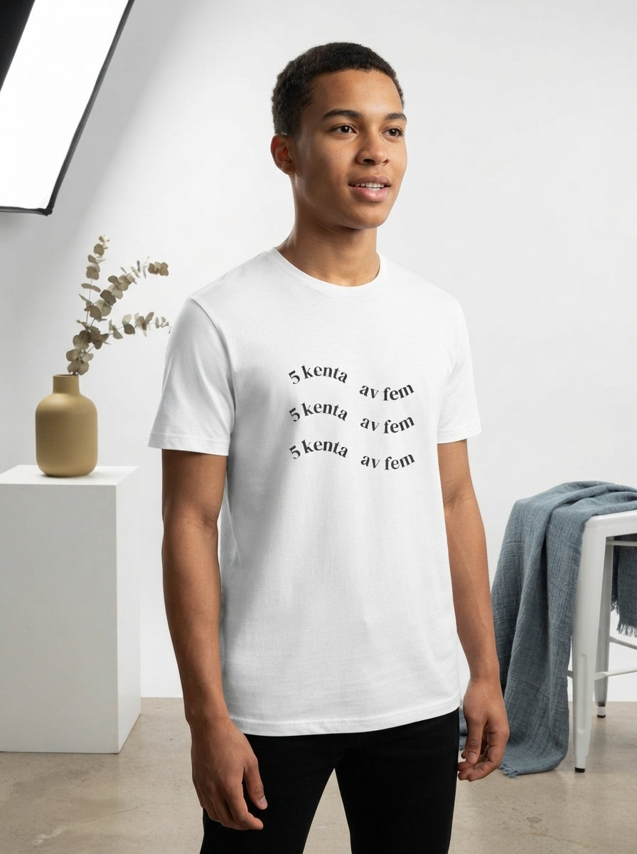 A person wearing a white t-shirt featuring the text 5 kenta av fem, presented in a modern, professional studio setting.